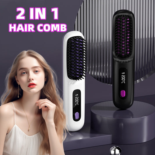2-in-1 Wireless Hair Straightener Brush – Fast Heating & Portable